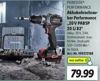 Lidl Parkside Performance Akkubohrschrauber Performance ,,20 V PABSP 20 Li B2" Angebot