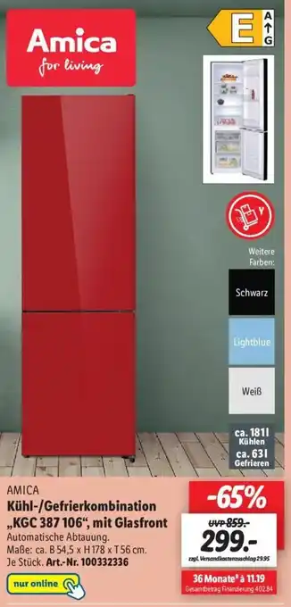 Lidl Amica Kühl Gefrierkombination ,,KGC 387 106, mit Glasfront Angebot