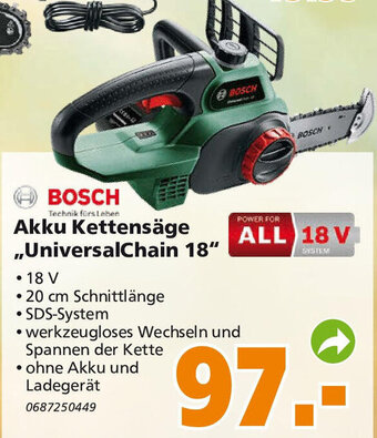 Globus Baumarkt Bosch Akku Kettensäge ,,UniversalChain 18" Angebot