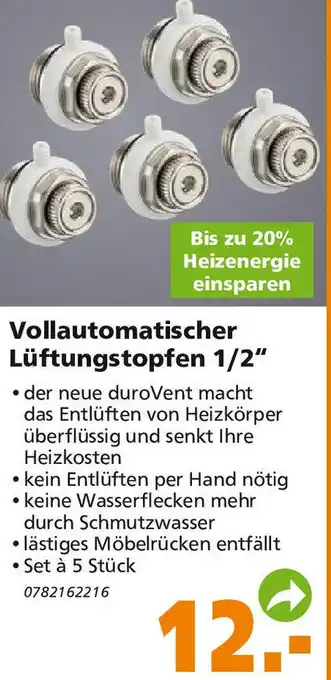 Globus Baumarkt Vollautomatischer Lüftungstopfen 1/2 Angebot