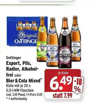 Wasgau Oettinger export, pils, radler, alkoholfrei oder bier & cola mixed Angebot