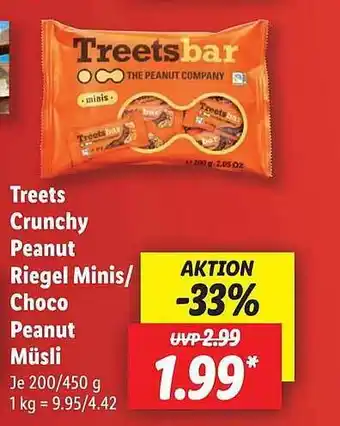 Lidl Treets crunchy peanut riegel minis oder choco peanut müsli Angebot