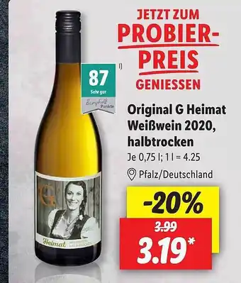 Lidl Original g heimat weißwein 2020 halbtrocken Angebot