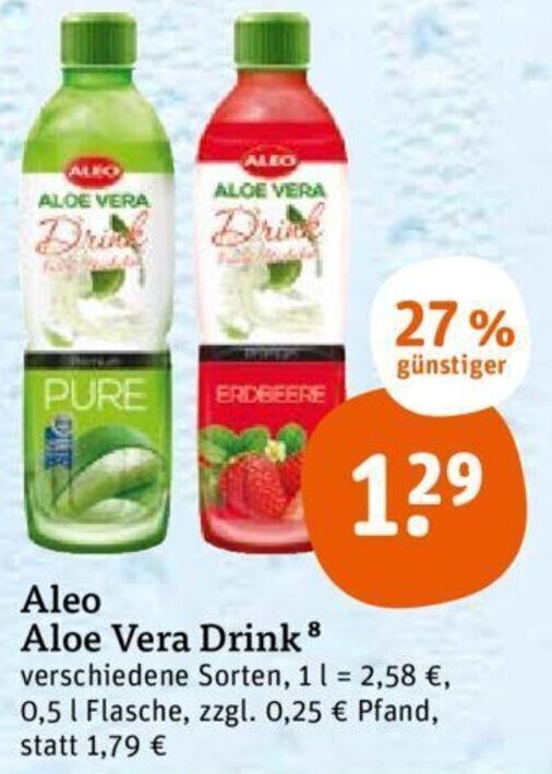 Aleo Aloe Vera Drink 0,5 L Flasche Angebot bei tegut