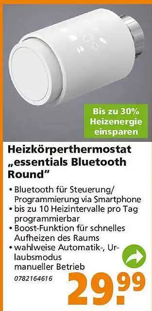 Globus Baumarkt Heizkörperthermostat „essentials bluetooth round“ Angebot