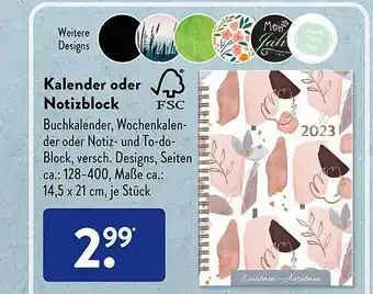 Aldi Süd Kalender oder notizblock Angebot