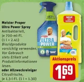 REWE PETZ Meister Proper Ultra Power Spray Antibakteriell 700 ml oder Allzweckreiniger 1,3 L Angebot