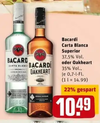 REWE City Bacardi Rum Carta Blanca Superior oder Oakheart 0,7L Angebot