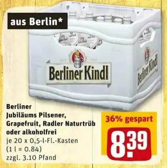 REWE City Berliner Jubiläums Pilsener, Grapefruit, Radler Naturtrüb oder alkoholfrei 20x0,5L Angebot