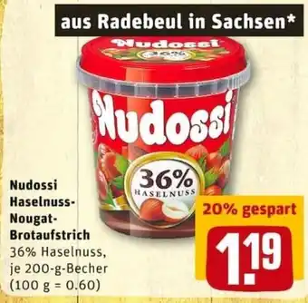 REWE City Nudossi Haselnuss Nougat Brotaufstrich 200g Becher Angebot