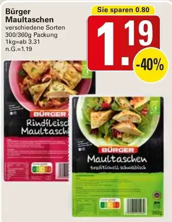 WEZ Bürger Maultaschen 300/360g Packung Angebot