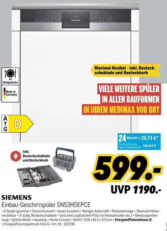 MEDIMAX Siemens Einbau Geschirrspüler SN53HSEPCE Angebot