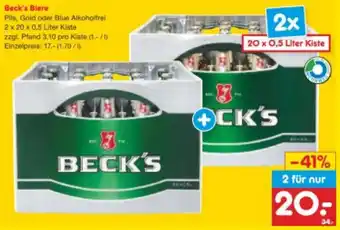 Netto Marken-Discount Beck's Biere Pils, Gold oder Blue Alkoholfrei 2x20x0,5 Liter Kiste Angebot