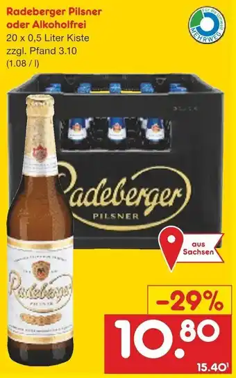 Netto Getränke Discount Radeberger Pilsner oder Alkoholfrei 20x0,5 Liter Kiste Angebot