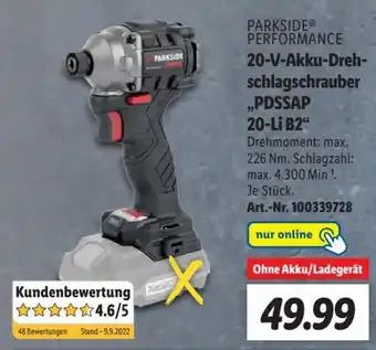 Lidl Parkside Performance 20 V Akku Drehschlagschrauber ,,PDSSAP 20-Li B2" Angebot