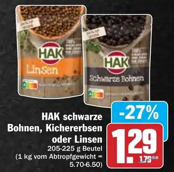 Hit HAK schwarze Bohnen, Kichererbsen oder Linsen 205-225 g Beutel Angebot