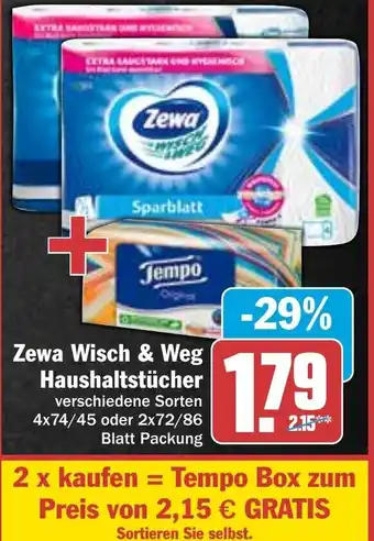 Hit Zewa Wisch & Weg Haushaltstücher 4x74/45 oder 2x72/86 Blatt Packung Angebot