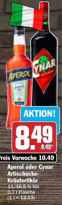 Hit Aperol oder Cynar Artischocke Kräuterlikör 0,7 L Flasche Angebot