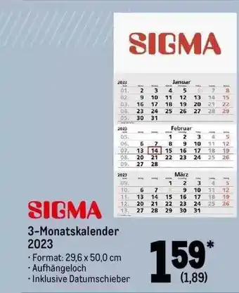 METRO Sigma 3-monatskalender 2023 Angebot