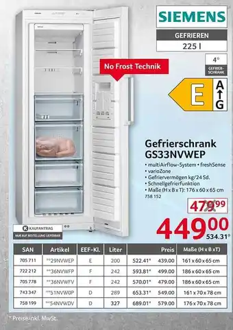 Selgros Siemens gefrierschrank gs33nvwep Angebot