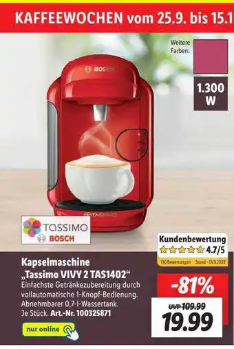 Lidl Kapselmaschine tassimo vivy 2 tas1402 Angebot
