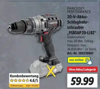 Lidl Parkside performance 20-v-akku-schlagbohrschrauber psbsap 20-li b2 Angebot