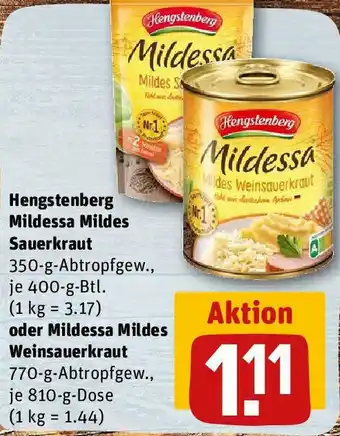 REWE Hengstenberg Mildessa mildes Sauerkraut 400 g Btl. oder Mildessa Mildes Weinsauerkraut 810 g Dose Angebot