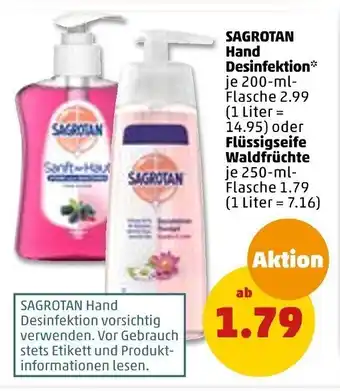 PENNY Sagrotan Hand Desinfektion 200 ml oder Flüssigseife Waldfrüchte 250 ml Flasche Angebot