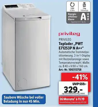 Lidl Toplader,, PWT E71253P N A++'' Angebot