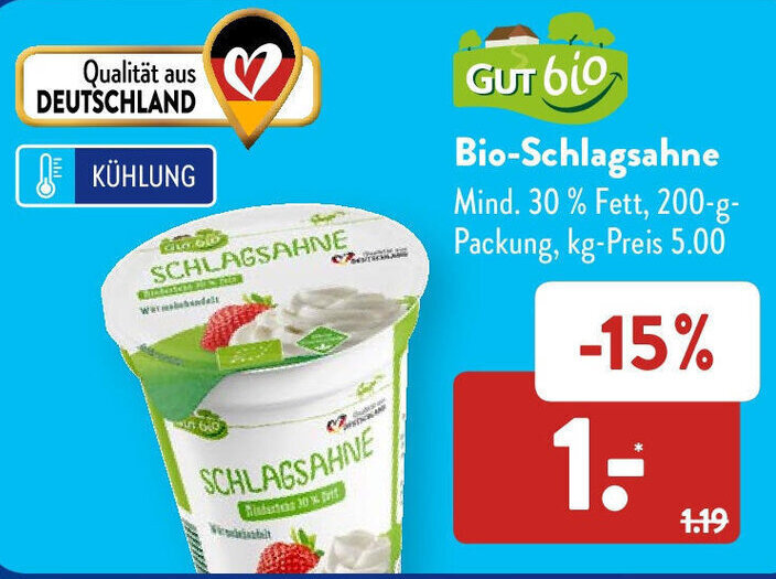 Bio Schlagsahne 200 g Packung Angebot bei Aldi Süd