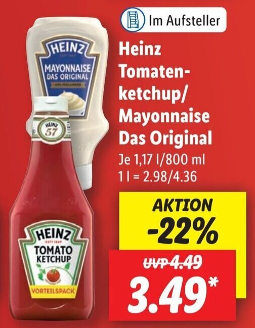 Heinz Tomatenketchup/Mayonnaise Das Original 1,17 L/800 ml Angebot bei Lidl