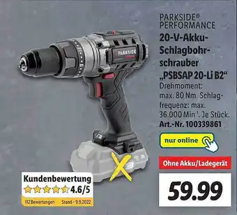 Lidl Parkside performance 20-v-akku-schlagbohrschrauber „psbsap 20-li b2“ Angebot