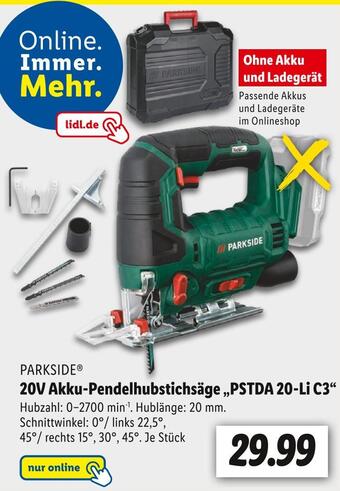 Lidl Parkside 20v akku-pendelhubstichsäge „pstda 20-li c3“ Angebot