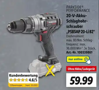 Lidl Parkside performance 20-v-akku-schlagbohrschrauber „psbsap 20-li b2“ Angebot