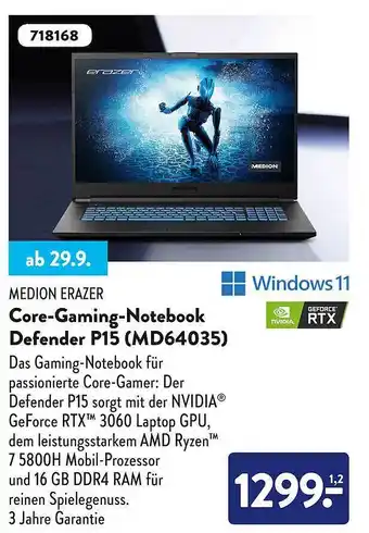 Aldi Süd Medion erazer core-gaming-notebook defender p15 (md64035) Angebot