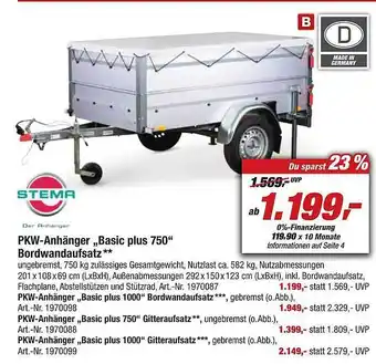 toom Baumarkt Stema pkw-anhänger „basic plus 750“ bordwandaufsatz Angebot