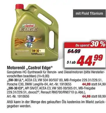 toom Baumarkt Motorenöl „castrol edge“ Angebot