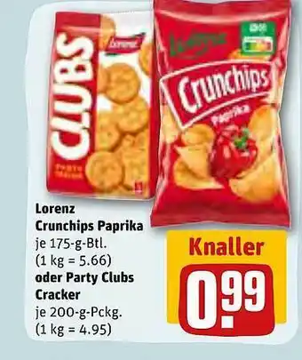 REWE Lorenz crunchips paprika oder party clubs cracker Angebot