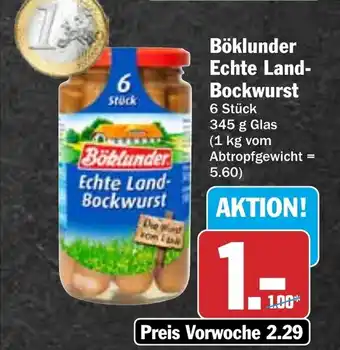 Hit Böklunder Echte Land-Bockwurst 345 g Glas Angebot