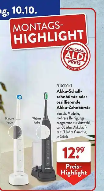 Aldi Süd Eurodont akku-schall-zahnbürste oder oszillierende akku-zahnbürste Angebot