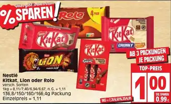 Edeka Nestlé KitKat, Lion oder Rolo 136,8/150/160/166,4g Packung Angebot