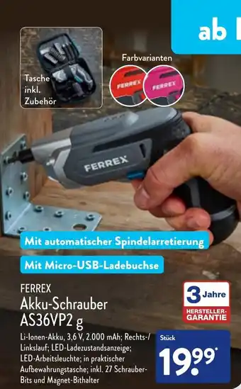 Aldi Nord Ferrex Akku Schrauber AS36VP2 g Angebot