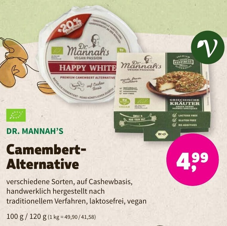 Dr. Mannah's Camembert Alternative 100 g/120 g Angebot bei Biomarkt