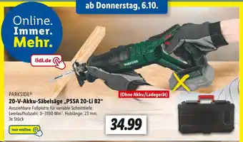 Lidl Parkside 20-v-akku-säbelsäge „pssa 20-li b2“ Angebot