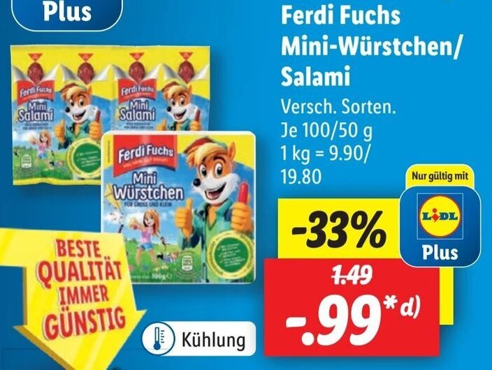 Ferdi Fuchs Mini Würstchen/Salami 100/50 g Angebot bei Lidl
