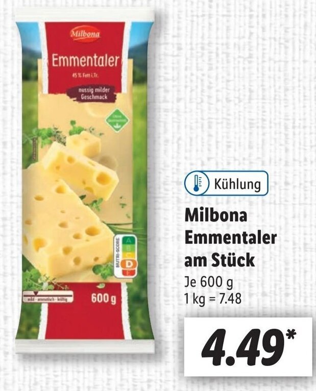 Milbona Emmentaler am Stück 600 g Angebot bei Lidl