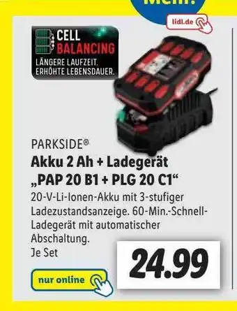 Lidl Parkside akku 2 ah + ladegerät „pap 20 b1 + plg 20 c1“ Angebot