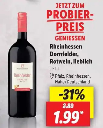 Lidl Rheinhessen Dornfelder, Rotwein, Iieblich 1 l Angebot