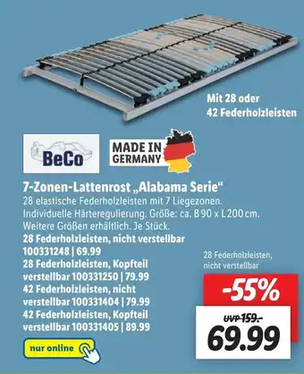 Lidl BeCo 7-Zonen-Lattenrost ..Alabama Serie" B 90 x L 200 cm Angebot