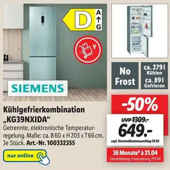 Lidl Siemens Kühlgefrierkombination ,,KG39NXIDA" Angebot